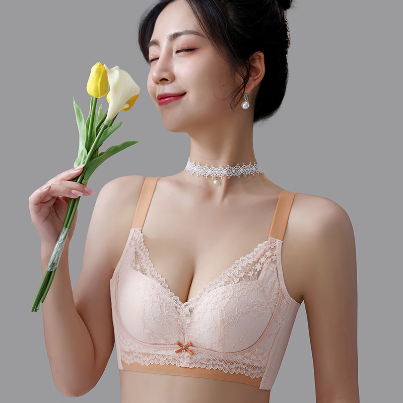 浪莎内衣女小胸聚拢中厚杯无钢圈文胸蕾丝收副乳透气胸罩 青柳绿 34/75AB 裸肤 34/75AB