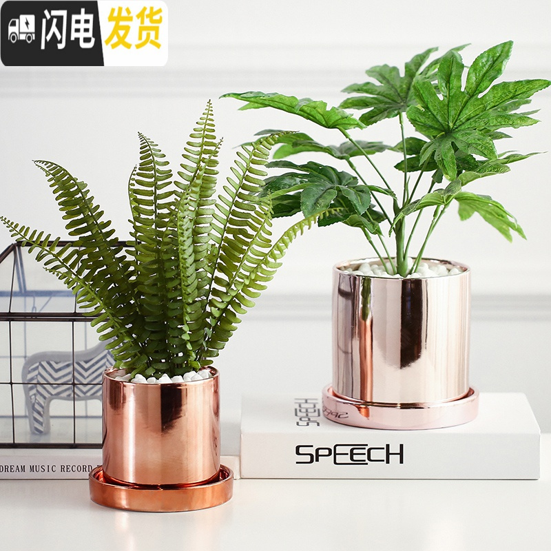 三维工匠北欧ins风金色轻奢陶瓷花盆镀金 创意个性现代简约盆栽装饰小摆件 仿真条纹芦荟+镀金小花盆[送托盘] 小花盆容器