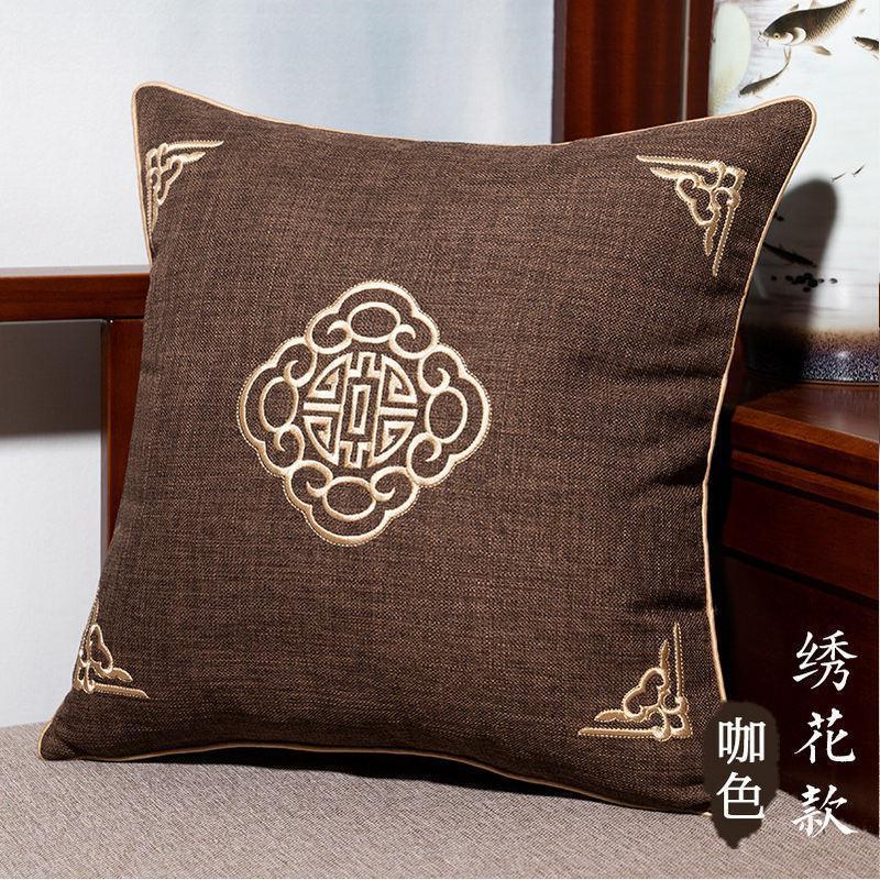 家柏饰(CORATED)新中式客厅沙发抱枕套刺绣花亚麻靠背不含芯腰枕靠枕头中国风靠垫 悦轩阁（绣花）-咖色 60cm*60cm（枕套）