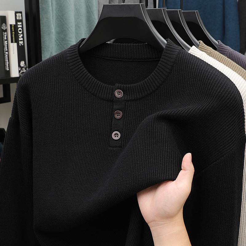 三粒扣圆领毛衣男秋季新款时尚休闲纯色百搭长袖打底男士针织衫_513高清大图