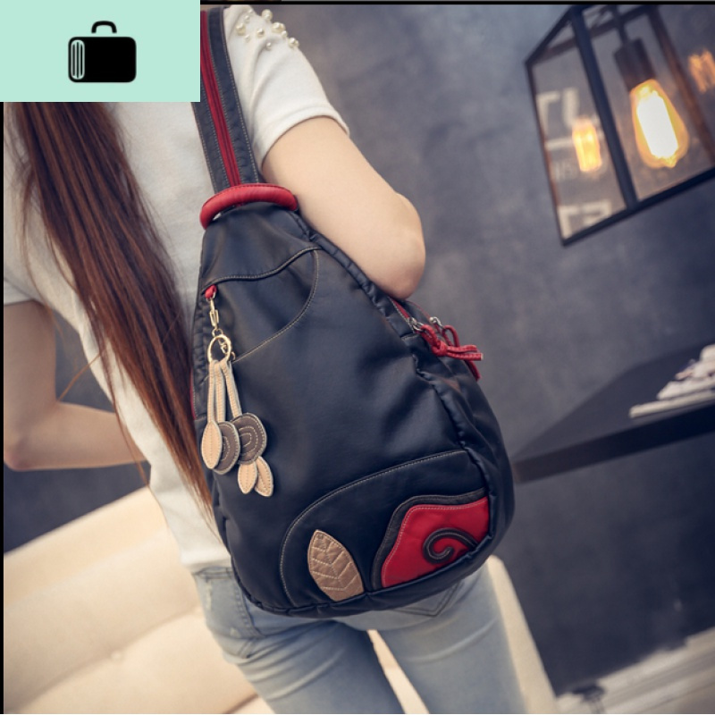 新款韩版潮流水洗皮双肩包斜挎包女包时尚休闲背包旅行包百搭包包NEW LAKE 黑色女斜挎包