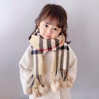 儿童围巾女童秋冬季韩版毛球格子围脖男童加厚保暖婴儿围巾_179 兔毛球款-毛球卡其大格1-15岁（170*30cm）