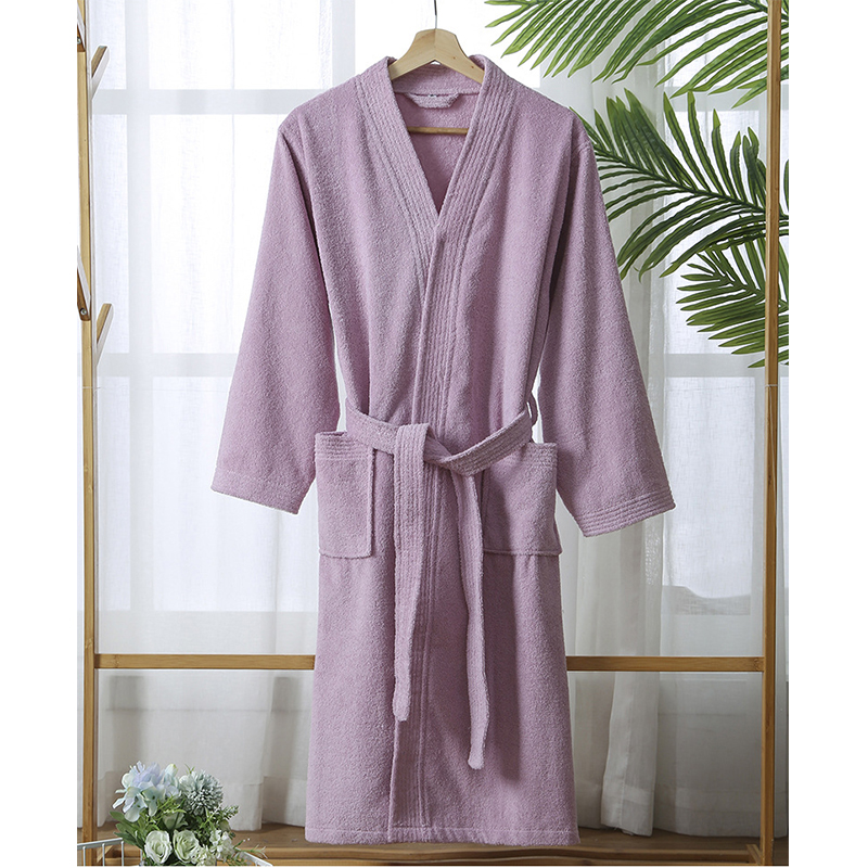 幸福派 夏季浴袍男女士浴衣棉华夫格酒店浴袍睡袍薄款长款情侣全棉吸水速干睡袍 毛巾料-粉紫色 L（建议身高170-180）