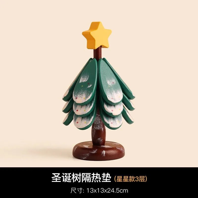 ccko一棵树高级耐高温家用创意摆件高级茶杯锅垫圣诞树隔热垫防烫桌面-绿色圆头款三层星星