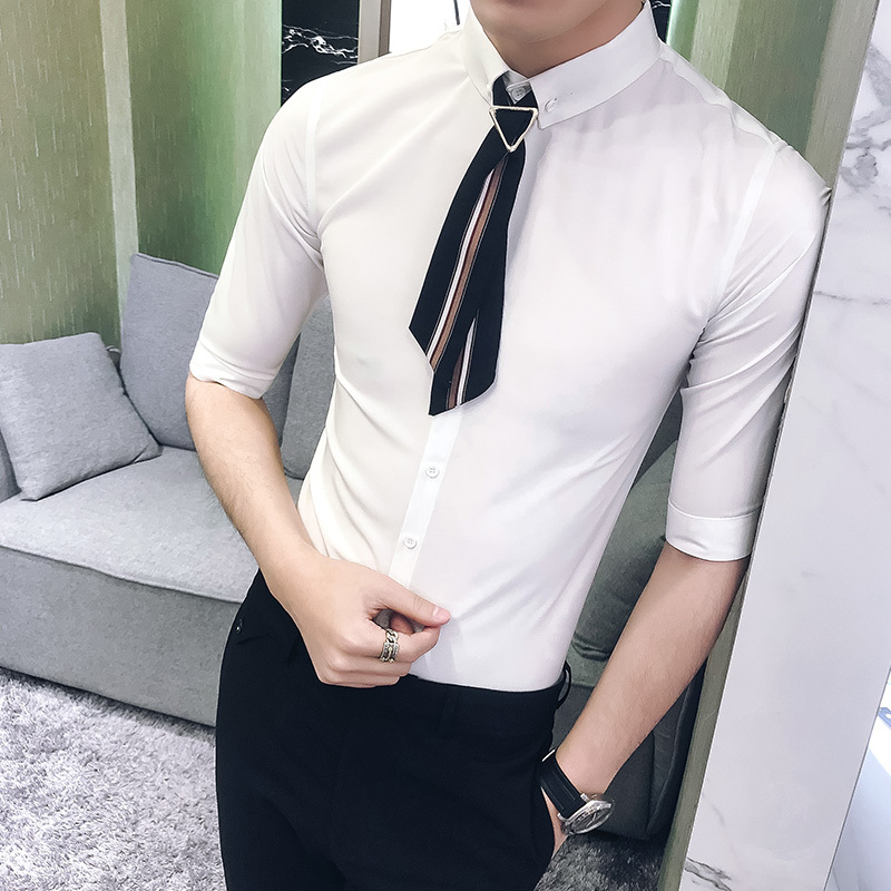 夏款夜店个性帅气5分袖衬衫韩版修身型师个性装饰领结中袖衬衣