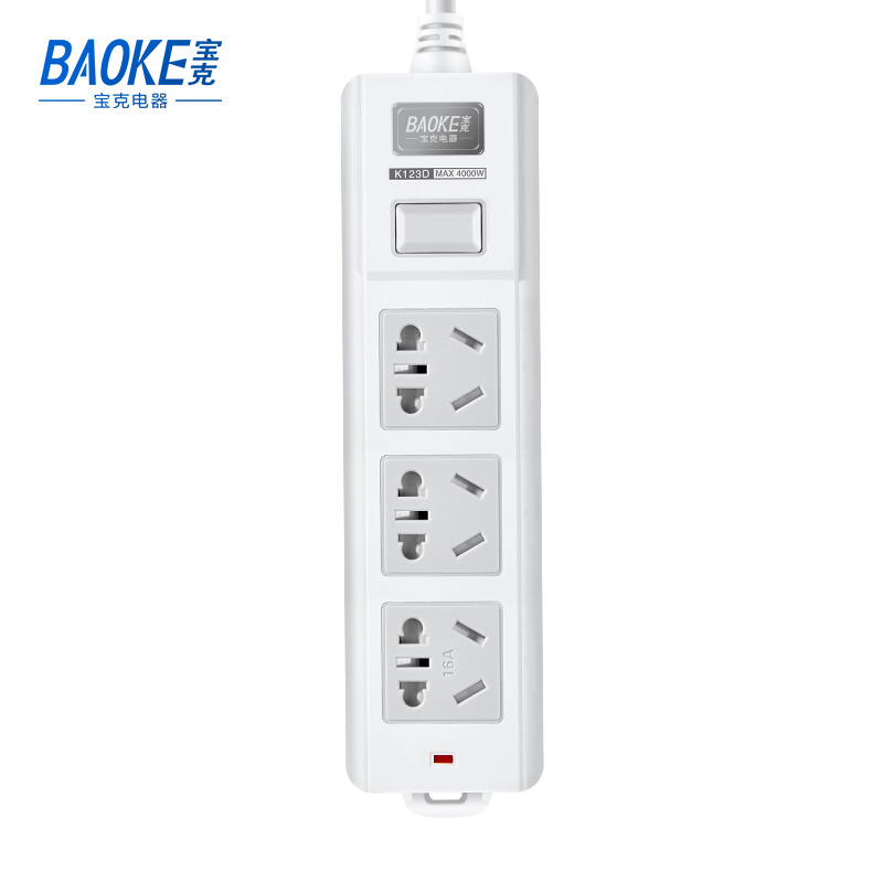 宝克(BAOKE)K123D 插线板 新国标大功率延长线插座3位组合总控开关 4000W MAX 白色 1个 白色 1.8米