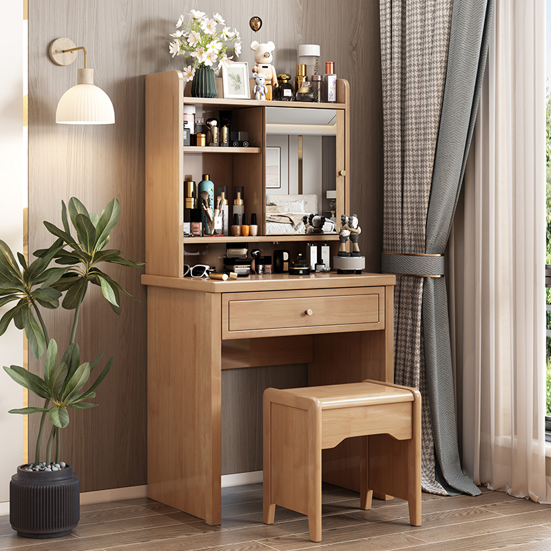 青木川 中式实木梳妆台斗柜一体靠墙边柜卧室房间超小型迷你0.5米60cm化妆桌子带凳子镜子化妆柜 榉木色【50厘米长】