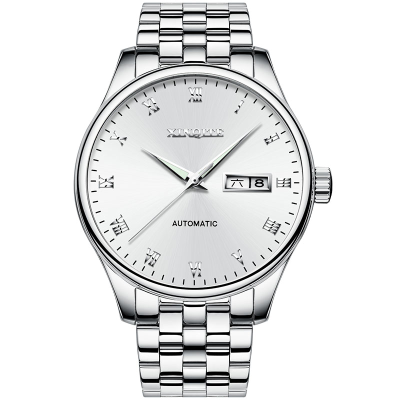 新奇特男表薄自动机械表防水夜光时尚新款国产男士手表X-29 白钢白面