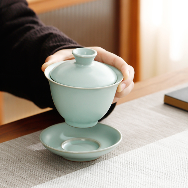 八方礼 盖碗10入汝窑茶具套组功夫茶具套装陶瓷家用懒人泡茶神器茶壶礼盒BFL2023-33!