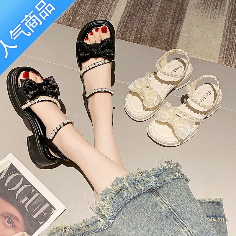 SUNTEK高级感凉鞋女2023夏季新款厚底外穿中粗跟珍珠配裙子时尚百搭女鞋高清大图