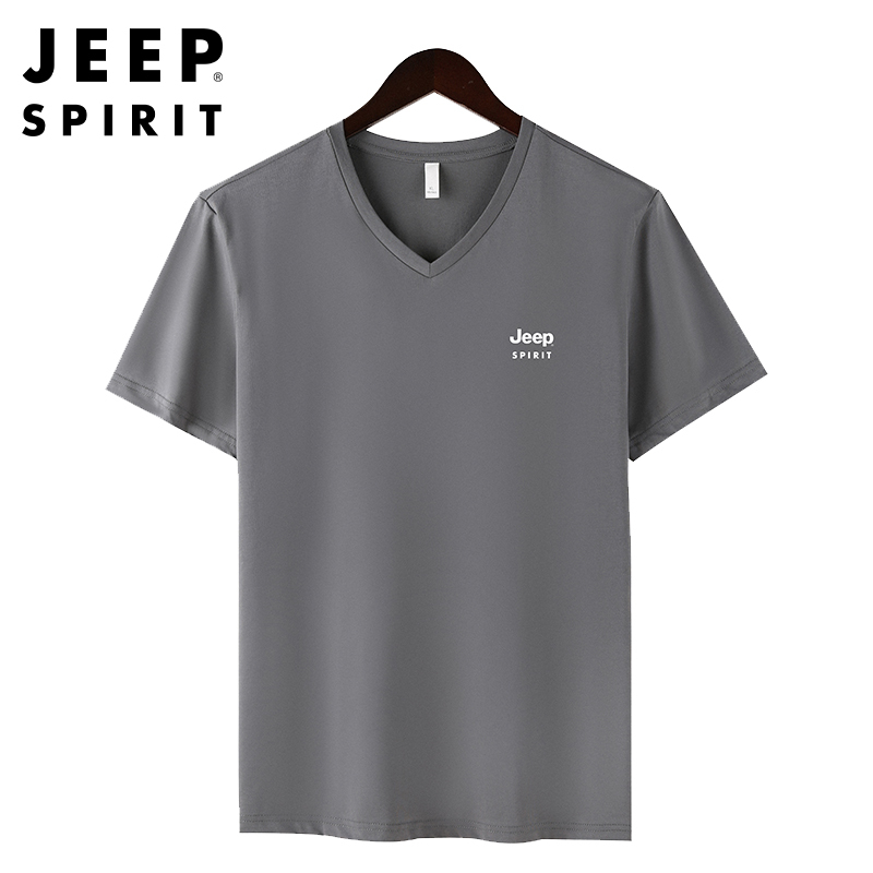 JEEP SPIRIT吉普男士V领T恤夏季透气舒适棉半袖t恤户外鸡心领时尚体恤衫短t