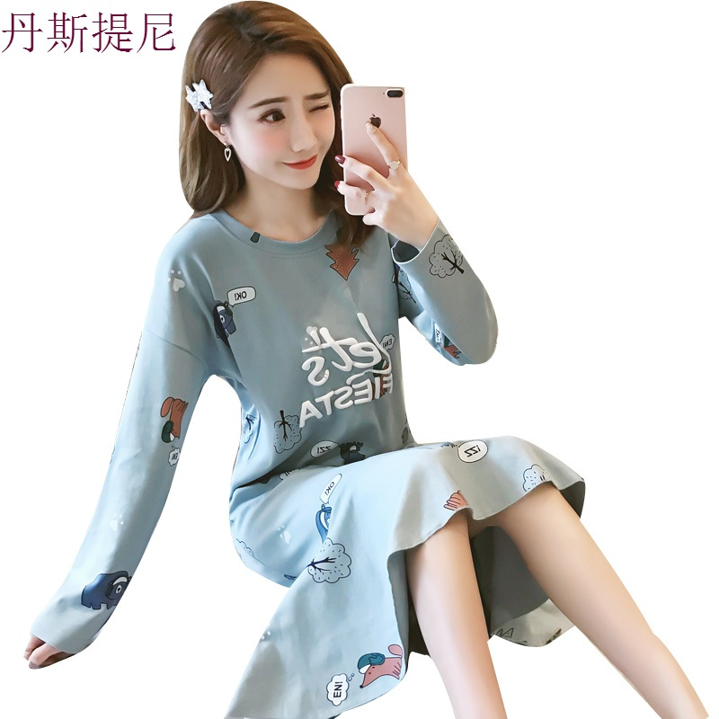 睡裙女纯棉中裙韩版长袖加大码睡衣网红中长款家居服春秋季可外穿