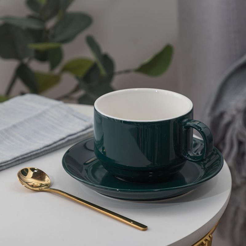 英式轻奢ins 陶瓷咖啡杯下午花茶杯碟咖啡具茶具水杯家用奢华套装 纯绿色 1杯1圆碟1勺(泡沫装)