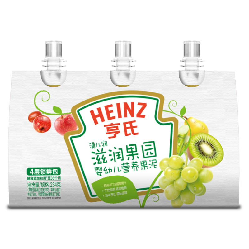 亨氏(Heinz)清儿润滋润果园果泥套装78g*3袋 适用辅食添加初期以上至36个月 宝宝辅食22年2月产
