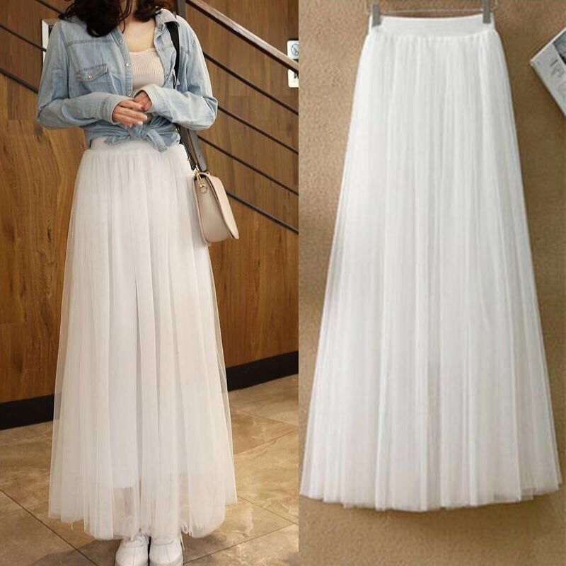 新款网纱半身裙女春夏四季高腰中长款a字裙百褶裙黑色纱裙蓬蓬裙白色