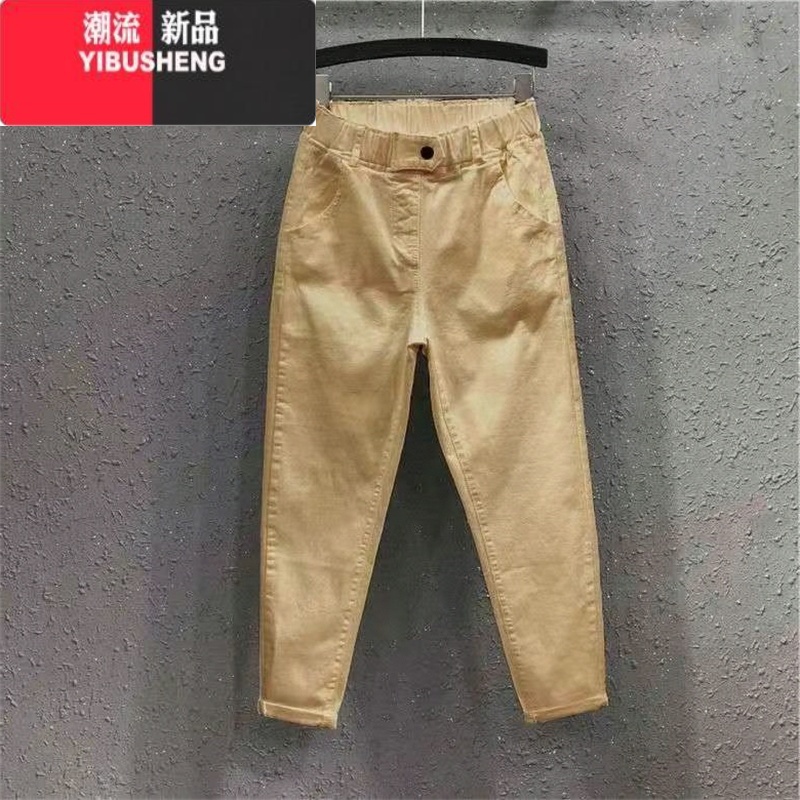 YIBUSHENG2024春新款牛仔休闲裤宽松老爹裤遮肚胖妹妹松紧腰哈伦小脚裤女高清大图