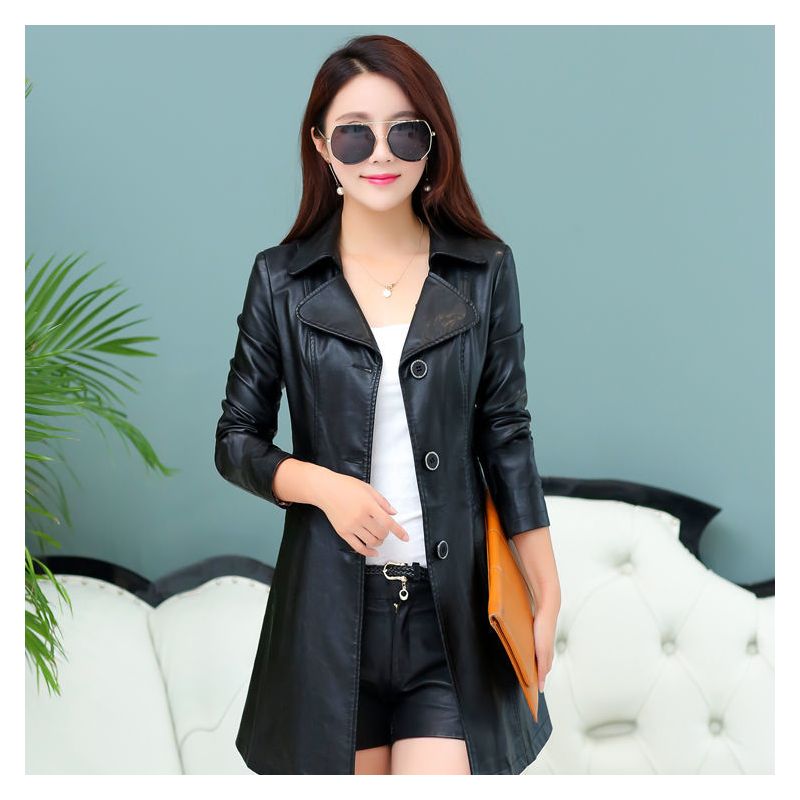 皮衣外套女装春秋海宁pu皮衣女中长款外套韩版修身皮夹克风衣