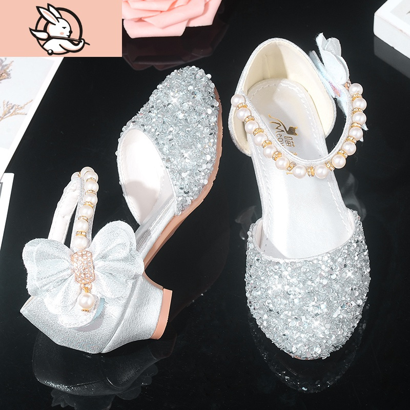 huayangtu儿童高跟鞋女公主大童水钻皮鞋软底防滑闪亮小女孩水晶鞋