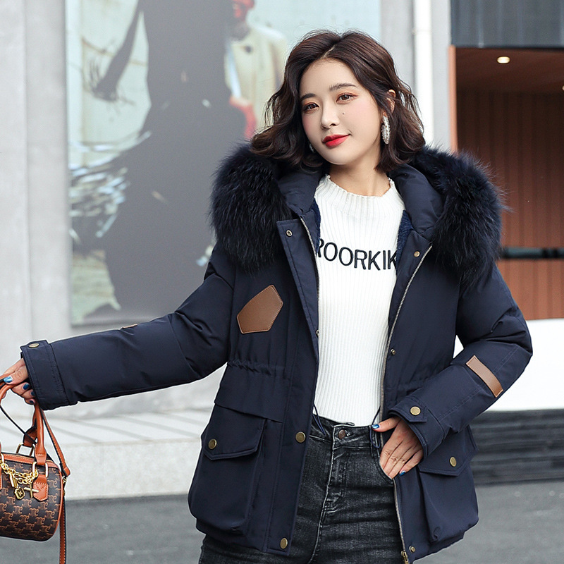 韩版女士短款大毛领工装派克服bf宽松抽绳收腰棉衣加绒棉服外套潮