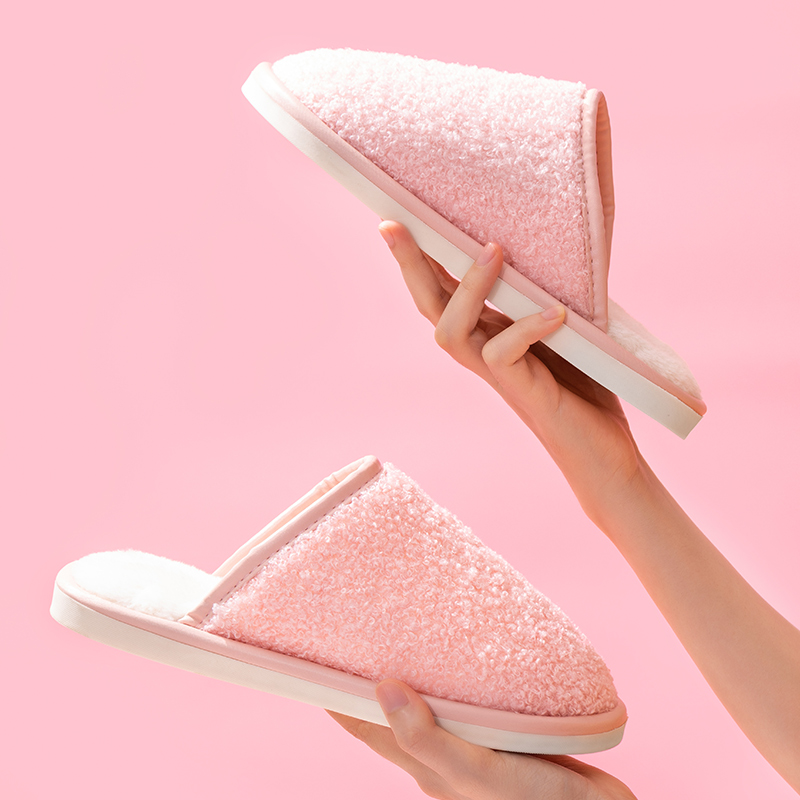 名创优品(miniso) 简约系列毛绒女士棉擦地拖鞋(粉色,39-40码)高清大图