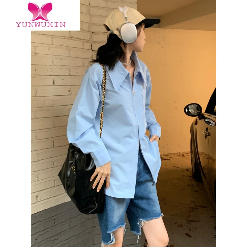 YUNWUXIN白色长袖衬衫女秋装2022年新款设计感小众中长款宽松拉链开衫上衣
