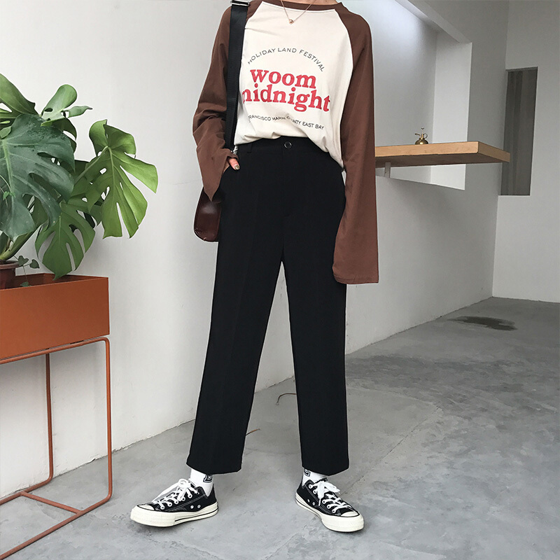 秋装新品韩国女装纯色西装裤基础高腰显瘦九分裤百搭休闲裤女裤子黑色
