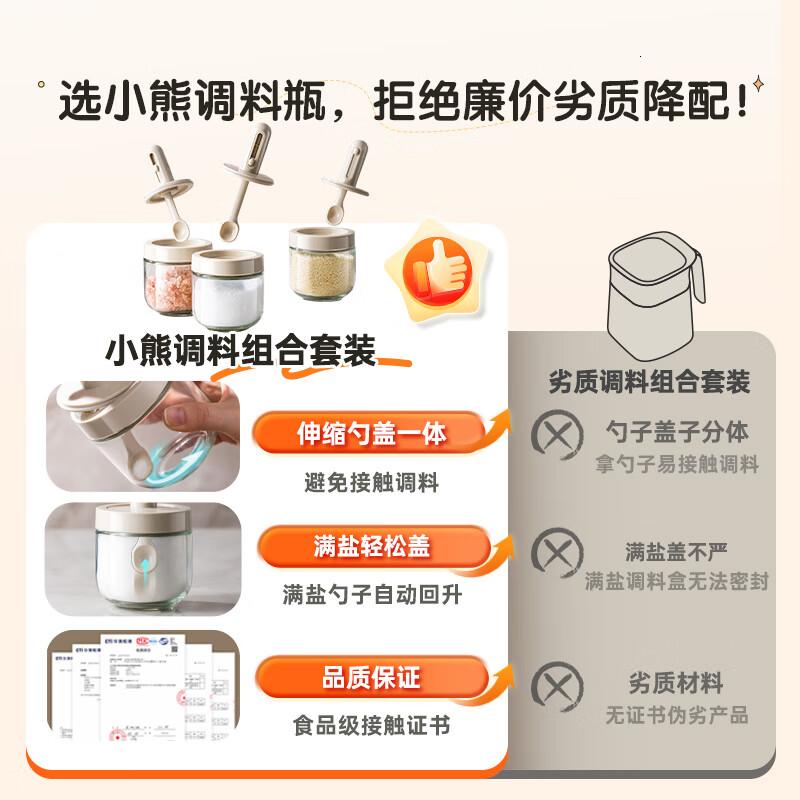 小熊(Bear)调料罐3件套 调味盒调料瓶套装厨房盐罐勺盖一体调味盒玻璃收纳盒高清大图