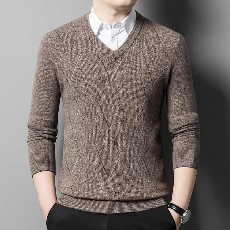 加厚V领羊绒衫男士100纯羊毛绒春秋V领纯色双股加厚款中年鸡心领毛衣V领羊毛衫男2024秋季新款商务纯色高端针织毛衣 中兰 175