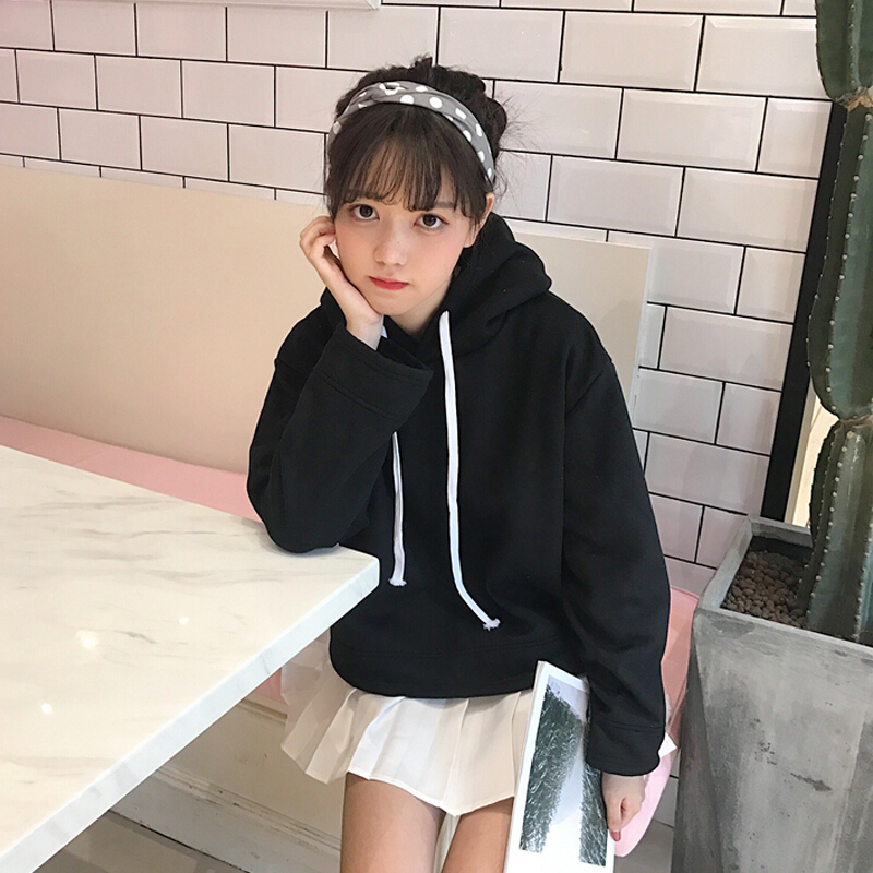 学院风小清新简约纯色宽松抽绳连帽卫衣女装韩版秋装学生卫衣上衣灰色均码