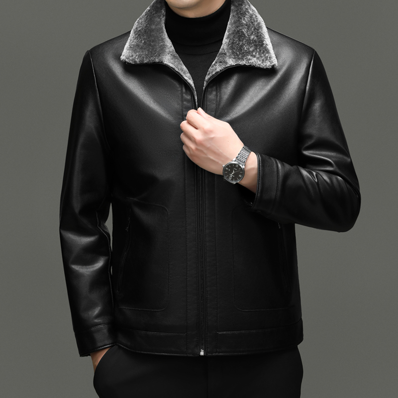 免费试穿 海宁真皮皮衣男士皮毛一体冬季绵羊皮翻领皮草加厚加绒皮夹克外套高端外套正品官方旗舰店高清大图
