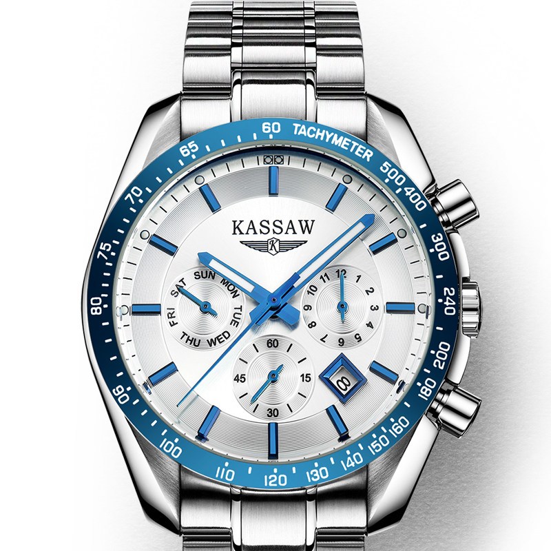 卡梭(KASSAW)手表男士国产品牌自动机械表时尚多功能运动钢带男表防水夜光大表盘军表K806GK805GK851G K851G典雅蓝