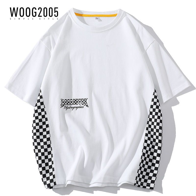 WOOG2005 短袖T恤男拼接棋盘格运动情侣上衣字母印花潮流简约男装