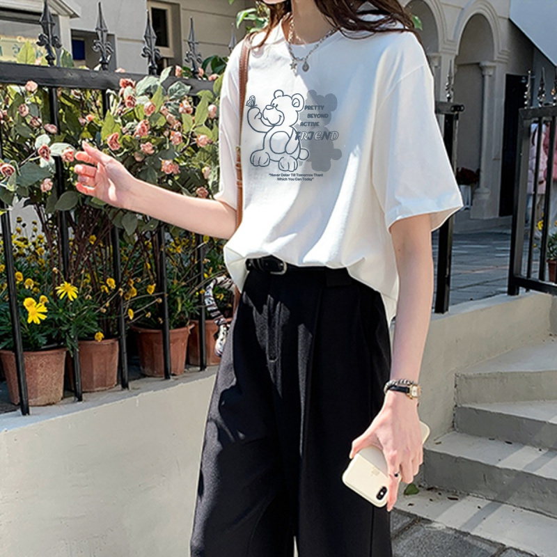 唐狮 女上衣夏短袖清凉夏季新款可爱小熊图案慵懒风上衣时尚百搭潮