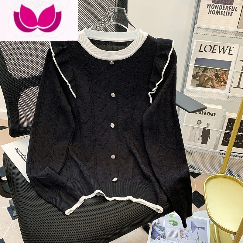 七斓大码时尚小香风套装女2023春季新款胖妹妹洋气显瘦针织上衣半身裙 大码2XL(建议140-160斤套装裙御姐轻熟风) 黑色上衣