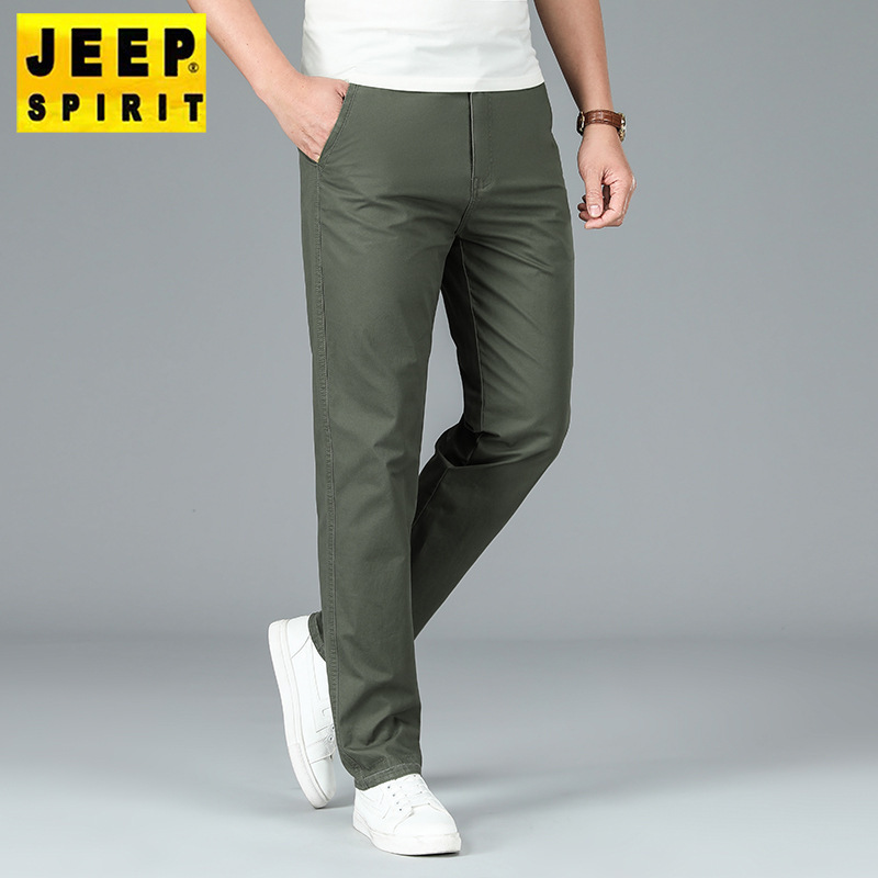 JEEP SPIRIT吉普春夏季休闲中腰微弹纯棉纯色男士直筒休闲裤男中年绿色长裤子