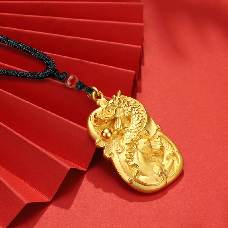 gzuan古钻珠宝龙马精神生肖牌男士霸气黄金吊坠项链足金礼物送男友yjd
