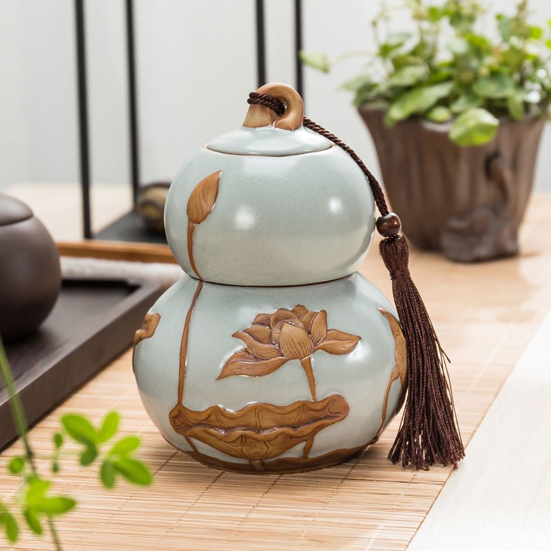 哥窑茶叶罐陶瓷汝窑紫砂葫芦大小号粗陶密封存储罐普洱茶叶包装盒