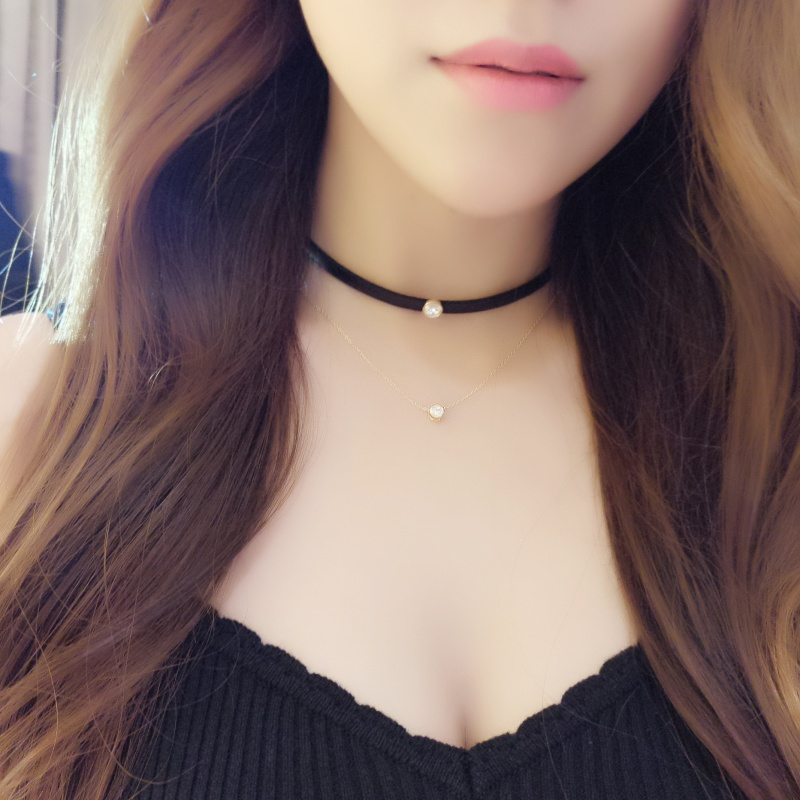韩国人气新品 女神锆石镶钻皮绳双层颈链 项链锁骨链送女朋友老婆生日礼物送女朋友七夕情人节礼物
