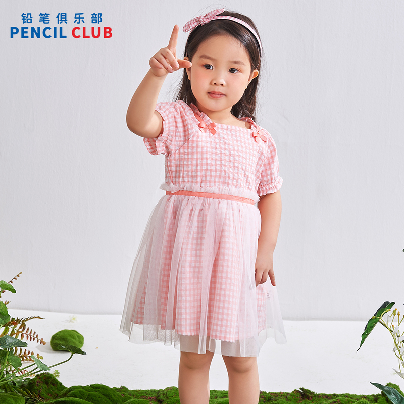 [直降价:55元]铅笔俱乐部2025夏装新品女小童连衣裙儿童格子裙宝宝拼接网纱裙子