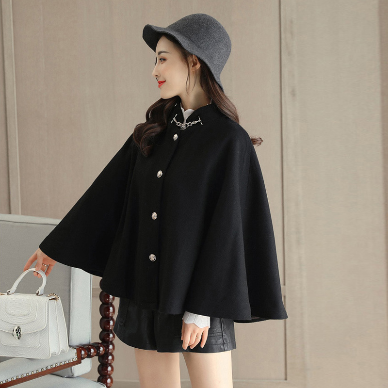 七斓小个子短款斗篷披肩毛呢外套女宽松蝙蝠型英伦学生呢子大衣春毛呢