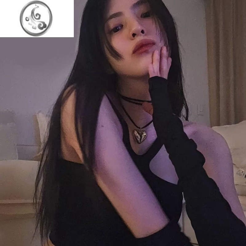 JiMi韩素希同款穿搭项链女ins性感系带蝴蝶结黑绳金属银色爱心锁骨链