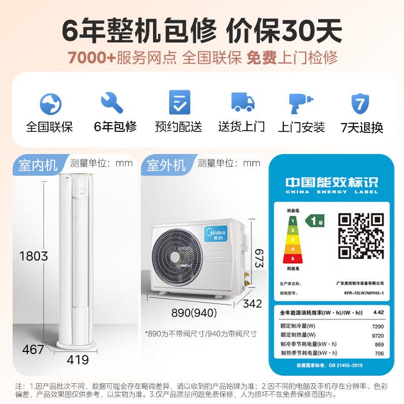 美的(Midea)空调立式柜机智行2代大3匹家用一级能效变频冷暖客厅省电智能空调官方正品KFR-72LW/N8YH2-1图片