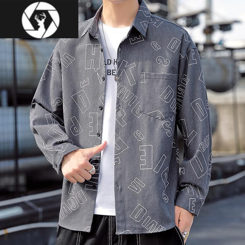hongzun春秋季新款韩版潮流男士休闲长袖衬衫潮牌宽松印花工装衬衣