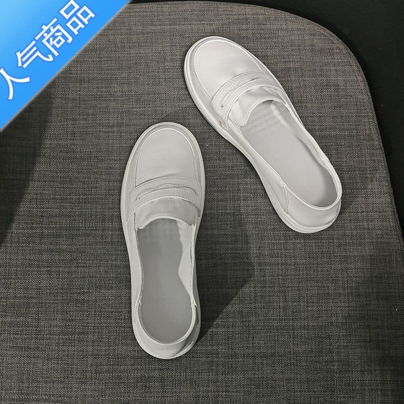 SUNTEK头层浅口一脚蹬乐福鞋女鞋2023新款软底休闲鞋平底豆豆小白鞋图片