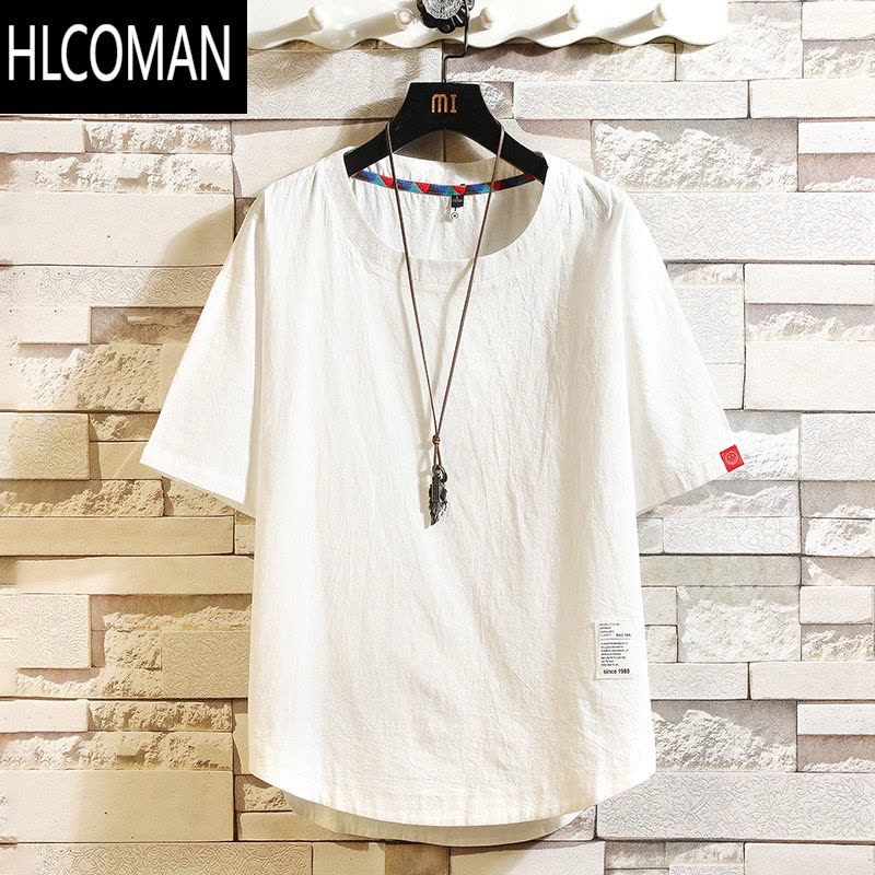 HLCOMAN棉麻短袖t恤男装夏季半袖宽松上衣服休闲潮流大码亚麻薄款体恤衫图片