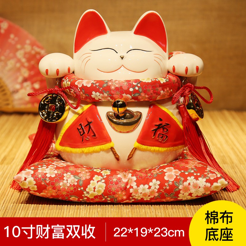 清仓 猫摆件 大号陶瓷日本猫储蓄罐 存钱罐 开业创意礼品 三维工匠 全家幸福（棉布垫）_644