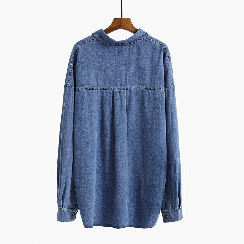 牛仔衬衫春款上衣女18娃娃衫韩版宽松百搭学生中长款衬衣潮蓝色均码