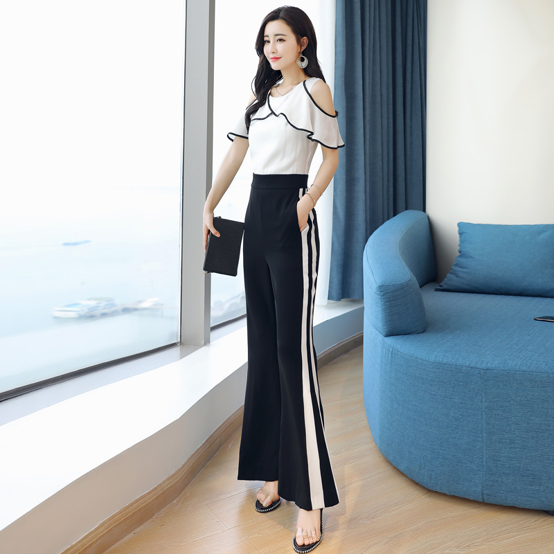 女士夏新品ol风格荷叶边露肩上衣撞色拼接长裤喇叭裤套装两件套女