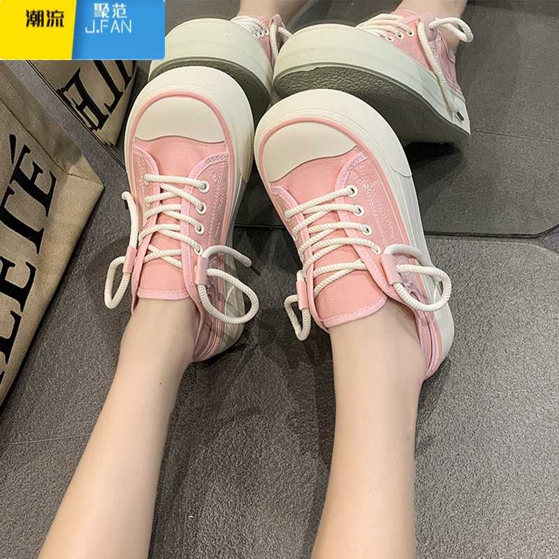 聚范奶呼呼丑萌宽头厚底帆布鞋女2023新款小众芒果头配裙子小白鞋高清大图