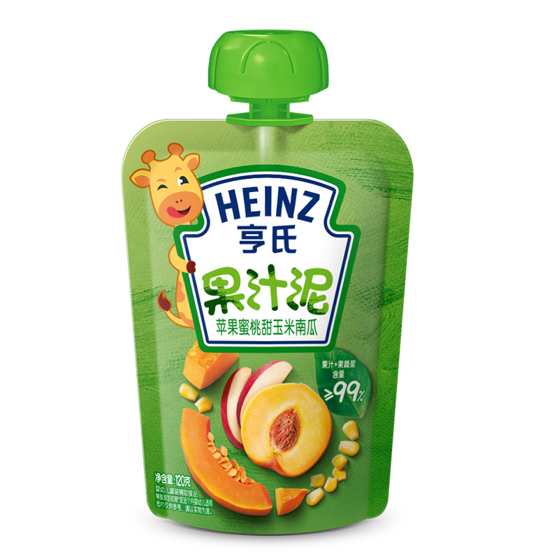 Heinz/亨氏乐维滋蔬乐苹果蜜桃玉米南瓜果泥果汁泥120g*4袋 亨氏果泥婴儿果泥吸吸乐 宝宝水果泥辅食宝宝营养零食